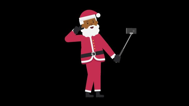 Black Santa Claus taking a selfie with a selfie stick and posing
