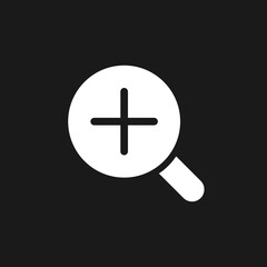 Magnifier and plus dark mode glyph ui icon. Simple filled line element. User interface design. White silhouette symbol on black space. Solid pictogram for web, mobile. Vector isolated illustration