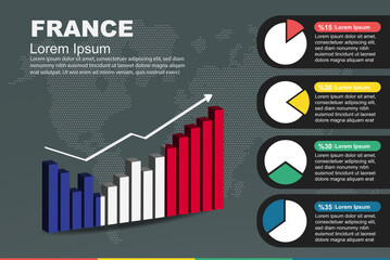 France infographic with 3D bar and pie chart, increasing values, flag on 3D bar graph