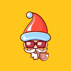 Santa Claus head with Santa red hat, smoking pipe and red hipster sunglasses isolated on orange Christmas background. Santa label or sticker design