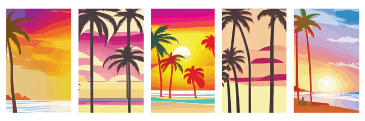 Fototapeta na wymiar Set vertical retro sunset posters set 80s and 90s style with palm trees beach. Abstract background with sunny gradient. Palm trees silhouettes. design template for logo Summer vacation. Seaside view
