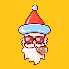 Santa Claus head with Santa red hat, smoking pipe and red hipster sunglasses isolated on orange Christmas background. Santa label or sticker design