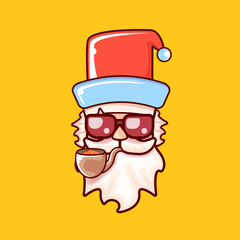 Santa Claus head with Santa red hat, smoking pipe and red hipster sunglasses isolated on orange Christmas background. Santa label or sticker design