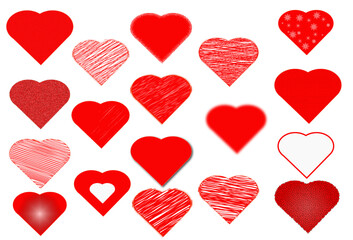 red heart, on a white background, big set. Hearts with different effects for your decor