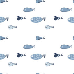 Seamless pattern with cute colored hand drawn fishes. Nice funny doodle water animals with big eyes and small fins. © Анастасия Красавина