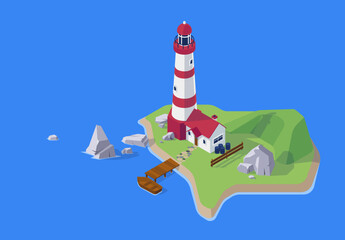 vector illustration of a detailed lighthouse with a house on an island in the sea and ocean in the style of 3D isometry