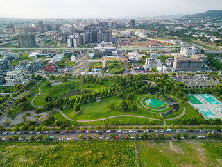 Taichung City, Taiwan - Aug 23, 2022 : Aerial view of Taichung Nanxing Park, Taichung Metro Beitun District in sunset time.
