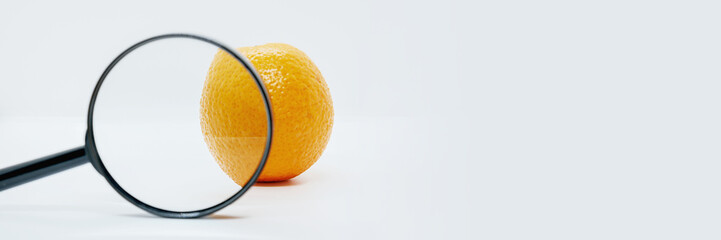 Close-up of an orange under a magnifying glass. Orange peel rough for symbolize of skin. Anti-cellulite creative concept. Banner with free space for text