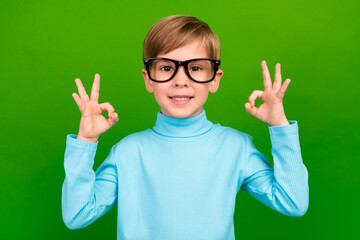 Photo of positive pretty small son wear turquoise turtleneck spectacles showing two okey signs isolated green color background