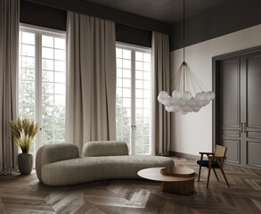3d rendering of modern living room with 
boucle cream sofa and wooden table, dark grey cornice and ceiling. cream wall , dark wooden parquet, hanging chandelier.