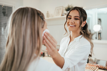 Makeup process. Professional artist applying make up on model face. Close up portrait of beautiful...