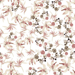 Old Seamless Nature. Gray Pattern Foliage. Brown Flower Exotic. Tropical Botanical. Watercolor Leaf. Summer Art. Decoration Hibiscus. Spring Background.