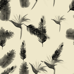 White Pattern Art. Gray Tropical Palm. Black Floral Leaves. Decoration Exotic. Floral Exotic. Summer Palm. Spring Painting. Wallpaper Background.