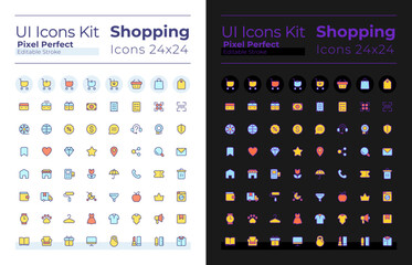 Shopping pixel perfect RGB color ui icons set for dark, light mode. Digital commerce. GUI, UX design for mobile app. Vector isolated pictograms. Editable stroke. Montserrat Bold, Light fonts used
