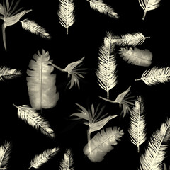 Gray Pattern Plant. White Tropical Leaf. Black Floral Plant. Decoration Design. Floral Design. Summer Palm. Spring Painting. Wallpaper Foliage.