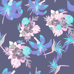Blue Seamless Illustration. Gray Pattern Leaves. Navy Tropical Botanical. White Flower Background. Indigo Watercolor Exotic. Decoration Exotic. Blue Summer Hibiscus.