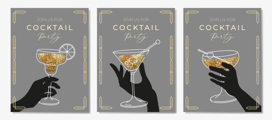 Outline illustration of woman's hand holding cocktail glass, vector. Invitation for party template. Line art margarita cocktail. Art deco concept design. Event, party, presentation, promotion, menu.