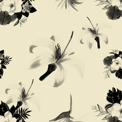 Black Seamless Art. White Pattern Texture. Gray Tropical Design. Flower Background. Wallpaper Texture. Spring Plant. Garden Texture. Floral Art.