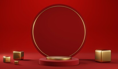 3D rendering of blank product background for cream cosmetics Modern red podium background