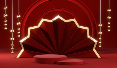 3D rendering of blank product background for cream cosmetics Modern red podium background