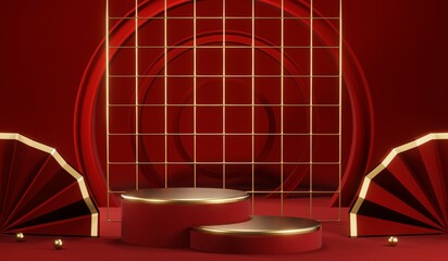 3D rendering of blank product background for cream cosmetics Modern red podium background