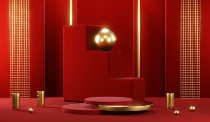 3D rendering of blank product background for cream cosmetics Modern red podium background