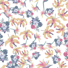 Yellow Pattern Exotic. Pink Seamless Design. Azure Tropical Botanical. White Wallpaper Painting. Blue Flower Leaf. Garden Plant. Decoration Hibiscus.