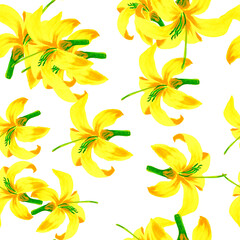Golden Seamless Nature. Beige Pattern Nature. White Tropical Nature. Yellow Flower Design. Floral Nature. Wallpaper Textile. Flora Foliage. Spring Illustration.