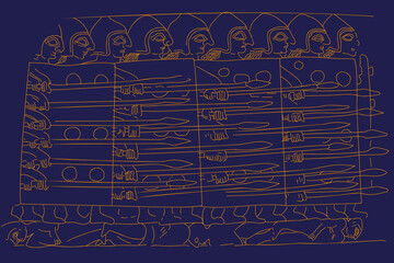 Babylonian armored infantry crushes the enemy. A pattern work from the ancient Babylonian period. Hand drawn ancient soldiers vector background. Soldiers with spear and shield pattern design.