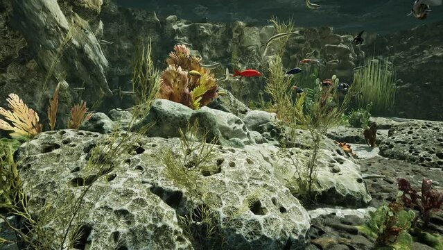 Unterwasserwelt mit Riff, Fischen und  tauchende Schwimmerin - 3D-Animation