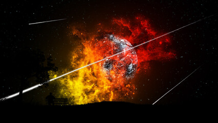 A man sitting on a bench at night under a tree watches the explosion and destruction of the planet in a bright red-yellow nebula in the starry sky with falling meteors.