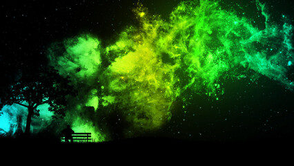 A man sitting on a bench at night under a tree admires the starry sky with a beautiful yellow-green nebula and falling meteors. The concept of the beauty of nature and the universe.