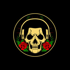 Skull wearing headphone illustration with rose flower background