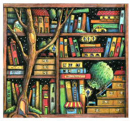 Magical bookshelf or bookcase with houses, trees, books and lights. Hand drawn colored pencils illustration.