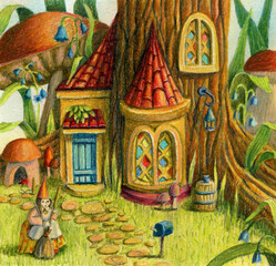 Fototapeta na wymiar Hand drawn illustration. Cute Gnome house with tree, grass, windows, door, leaves and flowers.