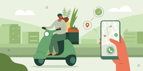 Courier riding on scooter delivering fresh organic vegetables. Hand holding smartphone with delivery tracking on screen. Grocery food delivery service and logistic concept. Vector illustration.