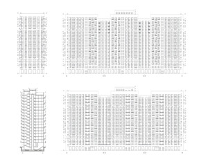 Multistory building detailed architectural technical facade drawing, vector blueprint