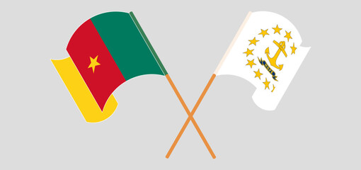 Crossed and waving flags of Cameroon and the State of Rhode Island