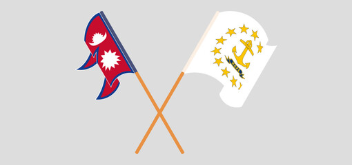 Crossed and waving flags of Nepal and the State of Rhode Island