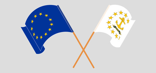 Crossed and waving flags of the European Union and the State of Rhode Island
