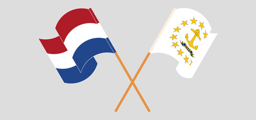 Crossed and waving flags of the Netherlands and the State of Rhode Island