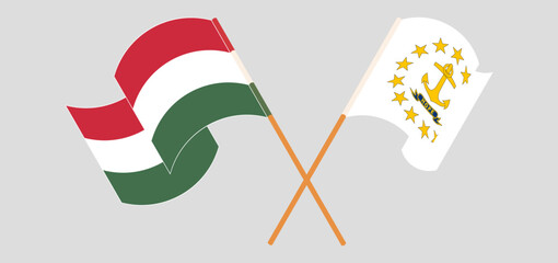 Crossed and waving flags of Hungary and the State of Rhode Island