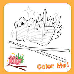 Educational printable coloring worksheet. Funny Japanese food. Asian cuisine. Kawaii cute sushi collections with smiling face and pink cheeks. Vector illustration.