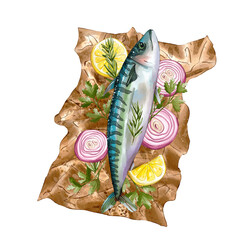 Fish on a baking paper with lemon onion and herbs watercolor seafood illustration isolated on white background