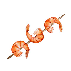 Three shrimps on a skewer watercolor seafood illustration isolated on white background
