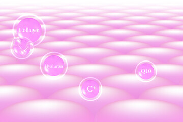 Hyaluronic acid hair and skin solutions ad, pink collagen serum drop over skin cells with cosmetic advertising background ready to use, illustration vector.