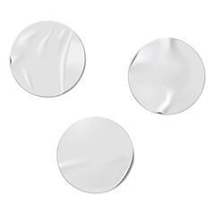 Round blank white crumpled paper or plastic sticker realistic vector mock-up set. Wrinkled adhesive circle label mockup
