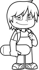 Outlined School Boy Cartoon Character With Backpack Standing And Hold A Skateboard. Vector Hand Drawn Illustration Isolated On Transparent Background