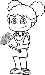 Outlined Smiling School Girl Cartoon Character With Backpack Carrying A Bouquet Of Flowers. Vector Hand Drawn Illustration Isolated On Transparent Background