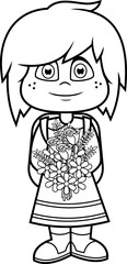 Outlined Cute School Girl Cartoon Character With Backpack Carrying A Bouquet Of Flowers. Vector Hand Drawn Illustration Isolated On Transparent Background